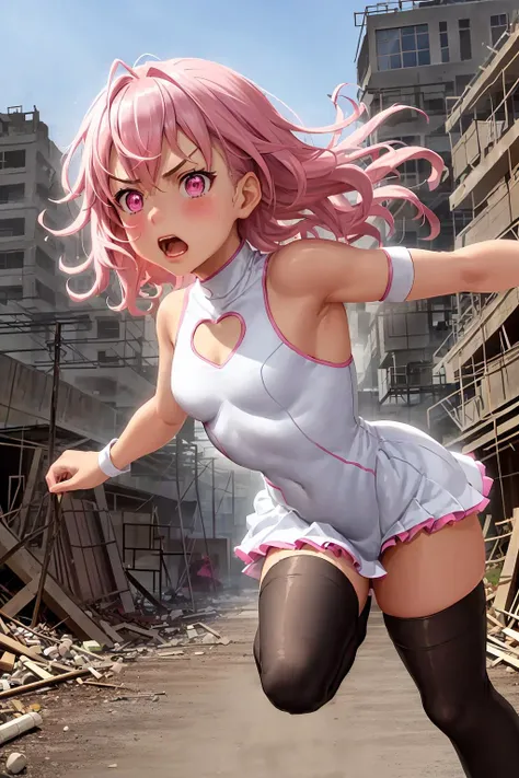 high angle, action shot artwork of an (angry) teen girl hero, david production, BREAK,
(by Antoine Blanchard and Casey Baugh), masterpiece, best quality, high resolution, (anime), absurdres, illustration, drawing, lineart, thick lines, BREAK,
slow motion, bloom, night sky, (at night), (low light), (running away), BREAK,
beautiful face, glowing pink eyes, beautiful and detailed eyes, very short and messy hair, detailed pink hair, pink lips, scared expression, furrowed eyebrows, BREAK,
(fighting stance), combat, wide hips, shiny skin, small breasts, BREAK,
hero outfit, pink gloves, pink boots, white thighhighs, (white leotard), skirt, (pink cape), detailed clothing, bare shoulders, heart shaped clothes cutout, BREAK,
(destroyed city in background), (rubble), (burning buildings), (destruction) pink hearts