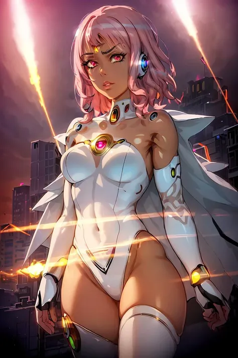 (cyborg:1.4), robot body, glowing leds, from above, full body, (anime), 1girl, flat chest, detailed face, standing, from behind, skin indentation, shiny white skin, wide hips, angry expression, BREAK,
masterpiece, best quality, insane detail, thick linework, by midjourney and Greg Rutkowski, by Michael Whelan and Ken Kelly, cinematic lighting, (downtown city in background), skyscrapers,
white leotard with pink hem, heart-shaped clothes cutout, (very short and messy pink hair), full lips, pink lipstick, (wearing pink cape), pink choker with heart, white elbow-length gloves, glowing pink eyes, beautiful and detailed eyes, white thighhighs with pink lace