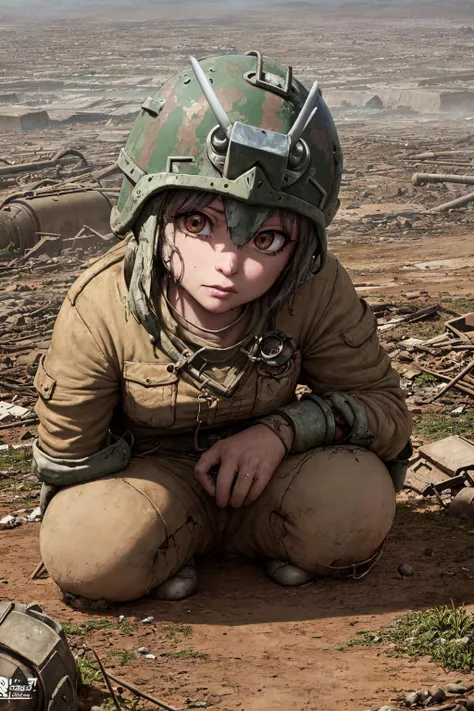acrylic painting, insane detail, ([anime|realistic|anime]),masterpiece, official art, by studio ghilbi and Skottie Young, by midjourney and greg rutkowski, grimy, rubble on ground, overgrown, BREAK,
portrait of a postapocalyptic survivor in a wasteland, crouching behind a short wall, beautiful and detailed brown eyes, wearing military full helmet