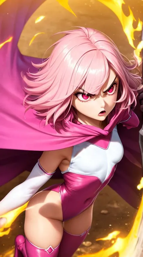 masterpiece,best quality,upper body,face,torso,detailed skin,[anime|realistic|anime],from above,looking up,angry expression,particles in air,cinematic lighting,short and (messy pink hair),(glowing pink eyes),pink eyebrows,(pink cape:1.2),medium breasts,(elbow gloves),white thighhighs,pink lipstick,(leotard),clenched fists,fighting stance,dynamic angle,small breasts,pink outfit,