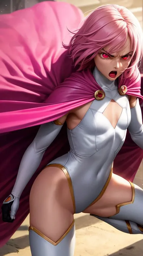 masterpiece,best quality,upper body,face,torso,detailed skin,[anime|realistic|anime],from above,looking up,angry expression,open mouth,particles in air,cinematic lighting,BREAK,short and (messy pink hair),(glowing pink eyes),pink eyebrows,(pink cape:1.2),medium breasts,(elbow gloves),white thighhighs,pink lipstick,(leotard),clenched fists,fighting stance,dynamic angle, small breasts, pink outfit,