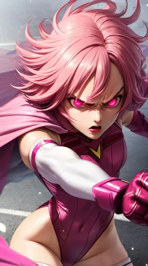 masterpiece,best quality,upper body,face,torso,detailed skin,[anime|realistic|anime],from above,looking up,angry expression,particles in air,cinematic lighting,short and (messy pink hair),(glowing pink eyes),pink eyebrows,(pink cape:1.2),medium breasts,(elbow gloves),white thighhighs,pink lipstick,(leotard),clenched fists,fighting stance,dynamic angle,small breasts,pink outfit,