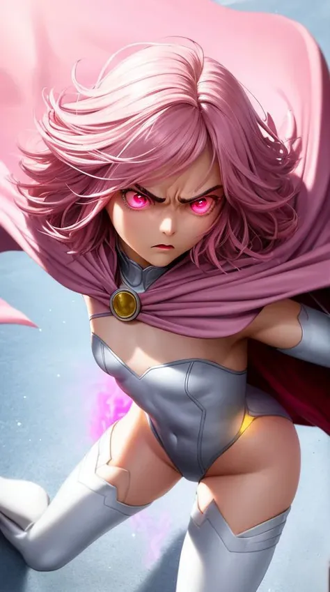 masterpiece,best quality,upper body,face,torso,detailed skin,[anime|realistic|anime],from above,looking up,angry expression,particles in air,cinematic lighting,short and (messy pink hair),(glowing pink eyes),pink eyebrows,(pink cape:1.2),medium breasts,(elbow gloves),white thighhighs,pink lipstick,(leotard),clenched fists,fighting stance,dynamic angle,small breasts,pink outfit,