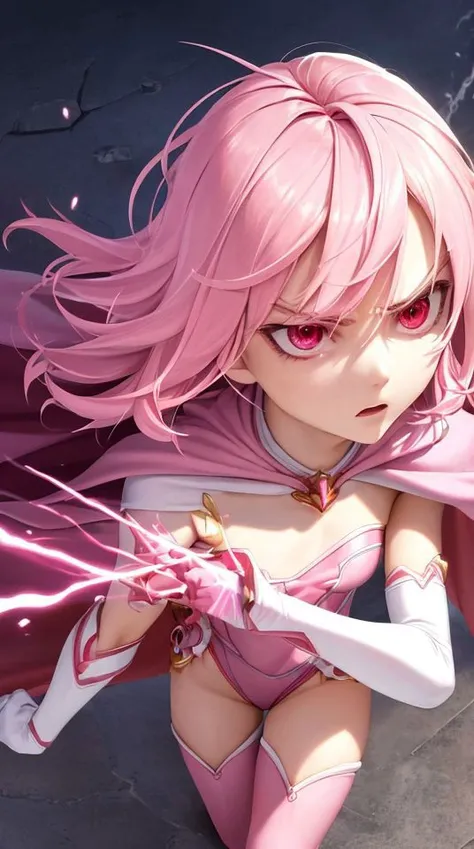 masterpiece,best quality,upper body,face,torso,detailed skin,[anime|realistic|anime],from above,looking up,angry expression,particles in air,cinematic lighting,short and (messy pink hair),(glowing pink eyes),pink eyebrows,(pink cape:1.2),medium breasts,(elbow gloves),white thighhighs,pink lipstick,(leotard),clenched fists,fighting stance,dynamic angle,small breasts,pink outfit,