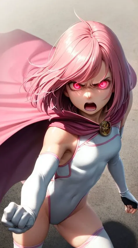 masterpiece,best quality,upper body,face,torso,detailed skin,[anime|realistic|anime],from above,looking up,angry expression,open mouth,particles in air,cinematic lighting,BREAK,short and (messy pink hair),(glowing pink eyes),pink eyebrows,(pink cape:1.2),medium breasts,(elbow gloves),white thighhighs,pink lipstick,(leotard),clenched fists,fighting stance,dynamic angle, small breasts, pink outfit,
