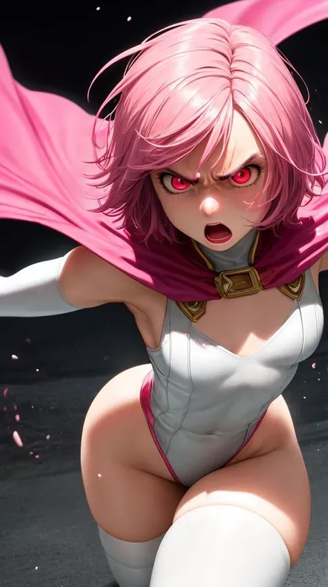 masterpiece,best quality,upper body,face,torso,detailed skin,[anime|realistic|anime],from above,looking up,angry expression,open mouth,particles in air,cinematic lighting,BREAK,short and (messy pink hair),(glowing pink eyes),pink eyebrows,(pink cape:1.2),medium breasts,(elbow gloves),white thighhighs,pink lipstick,(leotard),clenched fists,fighting stance,dynamic angle, small breasts, pink outfit,