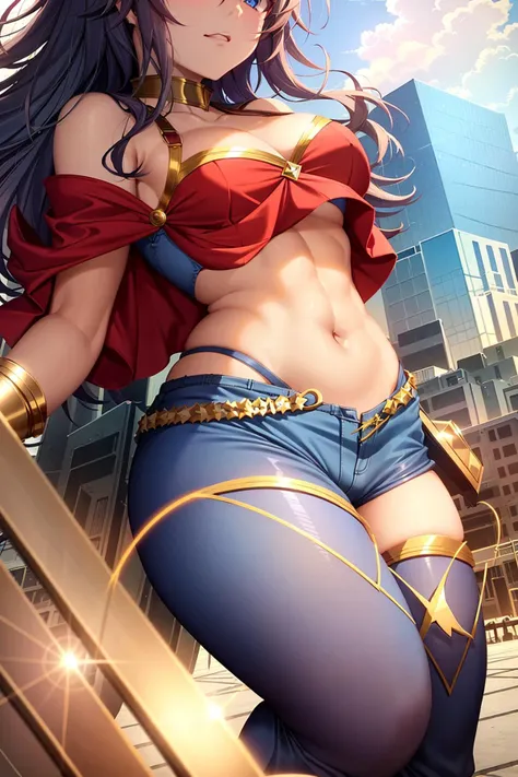 masterpiece, best quality, high resolution, intricate detail, 1girl, (anime), (thick linework), subsurface scattering,  comicbook superhero, BREAK,
angry expression, beautiful multicolored eyes, detailed red and blue eyes, long and curly blue hair, cleavage, bangs, detailed lips,  BREAK,
hero costume, (tiny) breasts, hero pose, blue combat boots, blue combat gloves, ((red) short cape), (crop top), cape pinned to shoulders:1.1, (crop top), navel, tummy, midriff, BREAK,
floating, (flying), in the sky, skyscrapers in background, clouds, (above the city), (blue leggings), collarbone, toned body, detailed muscles, gold hem on clothes, gold wristcuffs