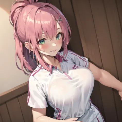 ​masterpiece, top-quality, Hi-Res, 1girl in, 独奏, Pink skirt,White panty、Open her legs、Tank Tops, Beautiful ass、camel's toe、shorth hair, Ahoge, black thigh, red hairs, a purple eye, purple color  hair, long-sleeve, frowned, Slouched,