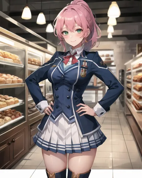 best quality, (masterpiece:1.2), illustration, absurdres,
(1girl, solo), (beautiful detailed girl),
<lora:Juna:0.8>, Juna Crawford, pink_hair, ponytail, hair_ornament, green_eyes, medium breasts,
blue_blazer, blue_waistcoat, blue_skirt,red ribbon, knee_boots,
((inside intricate detailed bakery)), bread, pastries, table, store, shop,,
looking at viewer, smile, blush,
((hands on hips)), cowboy shot,