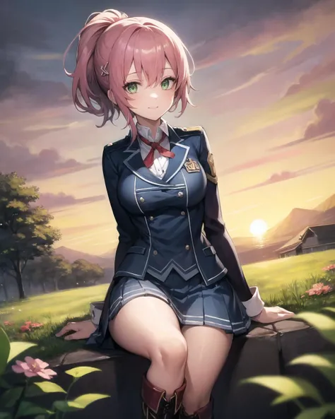 best quality, (masterpiece:1.2), illustration, absurdres,
(1girl, solo), (beautiful detailed girl),
<lora:Juna:0.85>, Juna Crawford, pink_hair, ponytail, hair_ornament, green_eyes, medium breasts,
blue_blazer, blue_waistcoat, blue_skirt,red ribbon, knee_boots,
magical forest, flowers, distant mountains, sky, clouds
arms behind back
looking at viewer, happy
