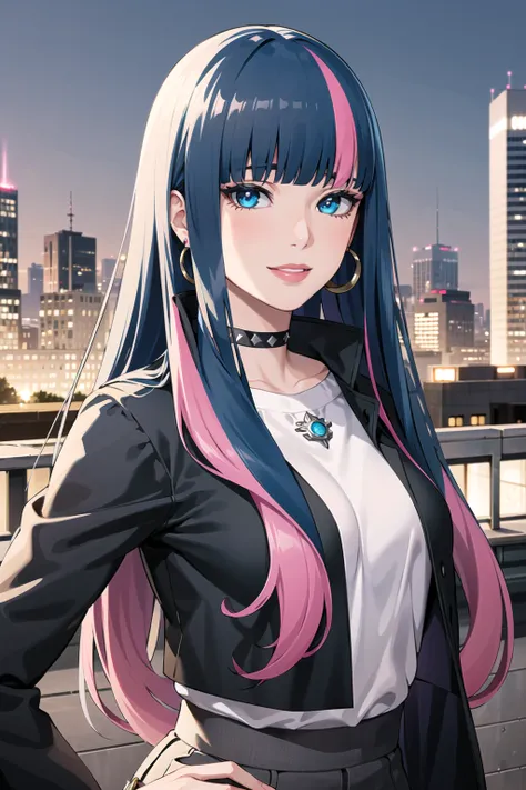 ((best quality)), ((highly detailed)), masterpiece, ((official art)), detailed face, beautiful face, (detailed eyes:1.3, deep eyes), (eida), long hair, bangs, blue eyes, very long hair, blue hair, pink hair, multicolored hair, earrings, blunt bangs, two-tone hair, streaked hair,(seductive smile), shirt, pants, choker, open jacket, city, smile, outdoors,,best quality, masterpiece, intricate details, tonemapping, sharp focus, hyper detailed, trending on Artstation,1 girl, solo,best quality, masterpiece, intricate details, tonemapping, sharp focus, hyper detailed, trending on Artstation,1 girl, solo