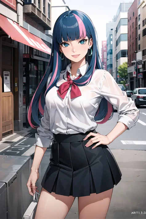 ((best quality)), ((highly detailed)), masterpiece, ((official art)), detailed face, beautiful face, (detailed eyes:1.3, deep eyes), (eida), long hair, bangs, blue eyes, very long hair, blue hair, pink hair, multicolored hair, earrings, blunt bangs, two-tone hair, streaked hair,(seductive smile),(school uniform:1.2), black skirt , city, smile, outdoors, ,best quality, masterpiece, intricate details, tonemapping, sharp focus, hyper detailed, trending on Artstation,1 girl, solo,best quality, masterpiece, intricate details, tonemapping, sharp focus, hyper detailed, trending on Artstation,1 girl, solo