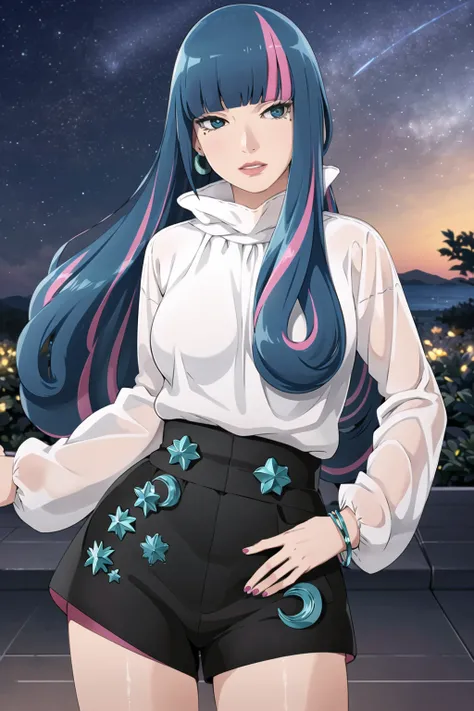 ((best quality)), ((highly detailed)), masterpiece, ((official art)), detailed face, beautiful face, (detailed eyes:1.3, deep eyes), (eida), long hair, looking at viewer, bangs, blue eyes, shirt, long sleeves, jewelry, very long hair, blue hair, pink hair, multicolored hair, earrings, sky, shorts, blunt bangs, star (symbol), nail polish, bracelet, two-tone hair, streaked hair, hand on hip, short shorts, night, black shorts, crescent, star (sky), night sky, personification, starry sky, high-waist shortsbest quality, masterpiece, intricate details, tonemapping, sharp focus, hyper detailed, trending on Artstation,1 girl, solo,best quality, masterpiece, intricate details, tonemapping, sharp focus, hyper detailed, trending on Artstation,1 girl, solo