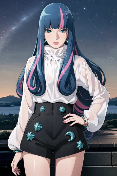 ((best quality)), ((highly detailed)), masterpiece, ((official art)), detailed face, beautiful face, (detailed eyes:1.3, deep eyes), (eida), long hair, looking at viewer, bangs, blue eyes, shirt, long sleeves, jewelry, very long hair, blue hair, pink hair, multicolored hair, earrings, sky, shorts, blunt bangs, star (symbol), nail polish, bracelet, two-tone hair, streaked hair, hand on hip, short shorts, night, black shorts, crescent, star (sky), night sky, personification, starry sky, high-waist shortsbest quality, masterpiece, intricate details, tonemapping, sharp focus, hyper detailed, trending on Artstation,1 girl, solo,best quality, masterpiece, intricate details, tonemapping, sharp focus, hyper detailed, trending on Artstation,1 girl, solo