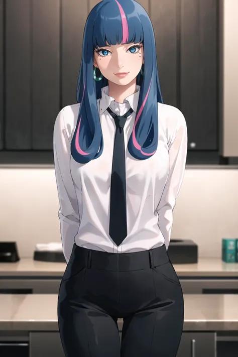 ((best quality)), ((highly detailed)), masterpiece, ((official art)), detailed face, beautiful face, (detailed eyes:1.3, deep eyes), (eida), long hair, bangs, blue eyes, very long hair, blue hair, pink hair, multicolored hair, earrings, blunt bangs, two-tone hair, streaked hair,(seductive smile),hoop earring,shirt, white shirt, looking at viewer, black necktie, (black pants:1.1), thigh gap, necktie,(arms behind back), medium breasts, pants, collared shirt, (upper body),(office), long sleeves, standing, closed mouth, (shirt tucked in:1.2),dress shirt,(formal),(high pants),,best quality, masterpiece, intricate details, tonemapping, sharp focus, hyper detailed, trending on Artstation,1 girl, solo,best quality, masterpiece, intricate details, tonemapping, sharp focus, hyper detailed, trending on Artstation,1 girl, solo
