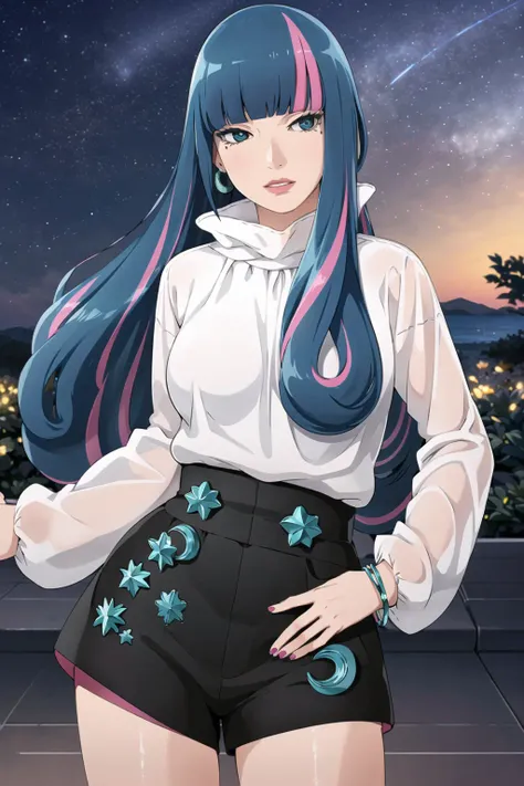 ((best quality)), ((highly detailed)), masterpiece, ((official art)), detailed face, beautiful face, (detailed eyes:1.3, deep eyes), (eida), long hair, looking at viewer, bangs, blue eyes, shirt, long sleeves, jewelry, very long hair, blue hair, pink hair, multicolored hair, earrings, sky, shorts, blunt bangs, star (symbol), nail polish, bracelet, two-tone hair, streaked hair, hand on hip, short shorts, night, black shorts, crescent, star (sky), night sky, personification, starry sky, high-waist shortsbest quality, masterpiece, intricate details, tonemapping, sharp focus, hyper detailed, trending on Artstation,1 girl, solo,best quality, masterpiece, intricate details, tonemapping, sharp focus, hyper detailed, trending on Artstation,1 girl, solo