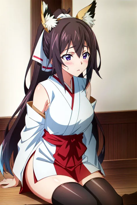 (extremely detailed CG unity 4k wallpaper),(masterpiece),(best quality),(ultra-detailed),(best illustration),(best shadow),(absurdres),(detailed background), <lora:OGT_Houki_Shinonono-v1:0.7> Houki Shinonono, 1girl, animal ears, thighhighs, tail, solo, fox ears, fox tail, miko, long hair, (shoulderless), japanese clothes, ponytail, blush, sitting, black hair
