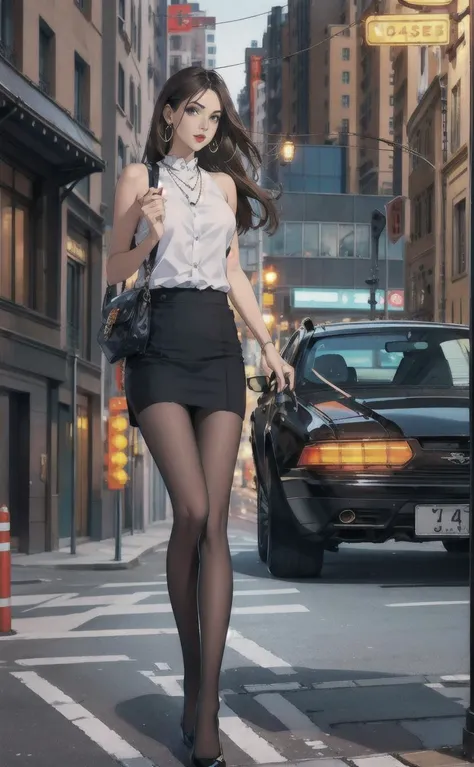 best quality,high resolution,unity 8k wallpaper,(illustration:1),perfect lighting,photo_\(medium\),photorealistic,realistic,1girl,solo,pantyhose,long hair,bag,handbag,night,car,skirt,outdoors,brown hair,motor vehicle,jewelry,ground vehicle,road,standing,black footwear,city,building,street,lamppost,earrings,looking at viewer,full body,high heels,polka dot,realistic,bare shoulders,black skirt,sleeveless,fashion,lips,holding,<lyco:InstantPhotoX3:0.35>,black high heels, <lora:20d:0.6> <lora:ggx_V16_plw1:0.5>