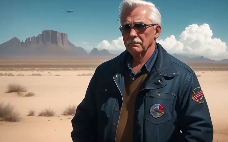 The image features a man wearing a leather jacket and sunglasses, standing on a sandy beach. He appears to be an older gentleman, possibly a retired police officer. The beach is relatively empty, with only a few other people scattered around the area. The man is holding a cell phone in his hand, possibly taking a picture or communicating with someone. The overall atmosphere of the scene is relaxed and leisurely, with the man enjoying his time on the beach.