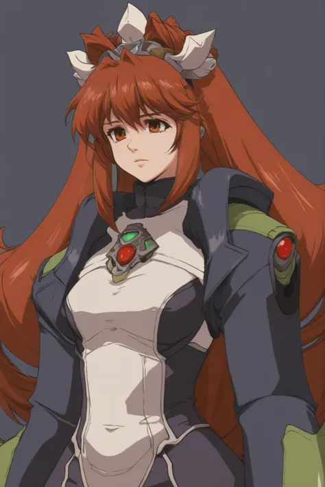 anime style digital painting, xenogears official art, 1girl, woman, female jrpg final boss, (huge opulent crown:1), bombshell hair, brown hair, multcolored hair, thick thighs, narrow waist, korean<lora:EnvyStarlightXenogearsStyle01:1>