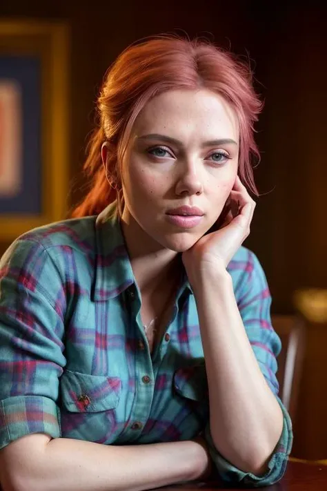 a photo of scajohansson84-9000((wearing a red flannel shirt)), (looking at the viewer), (winking), (detailed background), hyper-detailed, detailed face, POV, by lee jeffries nikon d850 film stock photograph 4 kodak portra 400 camera f1.6 lens rich colors hyper-realistic lifelike texture dramatic lighting unreal engine trending on artstation cinestill (800:1.1)
