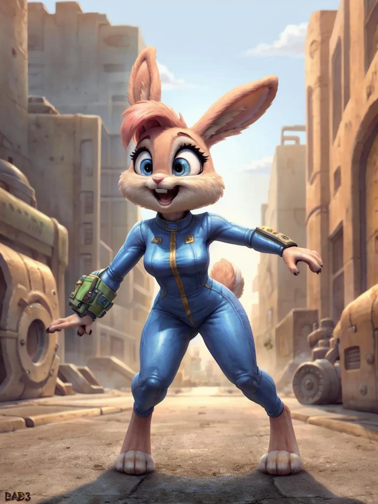 Hyper detailed, Ultra realistic, Masterwork, <lora:vaultsuit:0.5>, <lora:BabsBunny_2D_v3:0.65>, Digitigrade, Chibi, Bunny, Large paws, Babs, Babs Bunny, BabsBunny, Soft fur, fluffy fur, Blue bows, Wearing a Vault Suit with pipboy3000, Exploring an urban ruin, action pose, excited expression, retro futuristic, dieselpunk