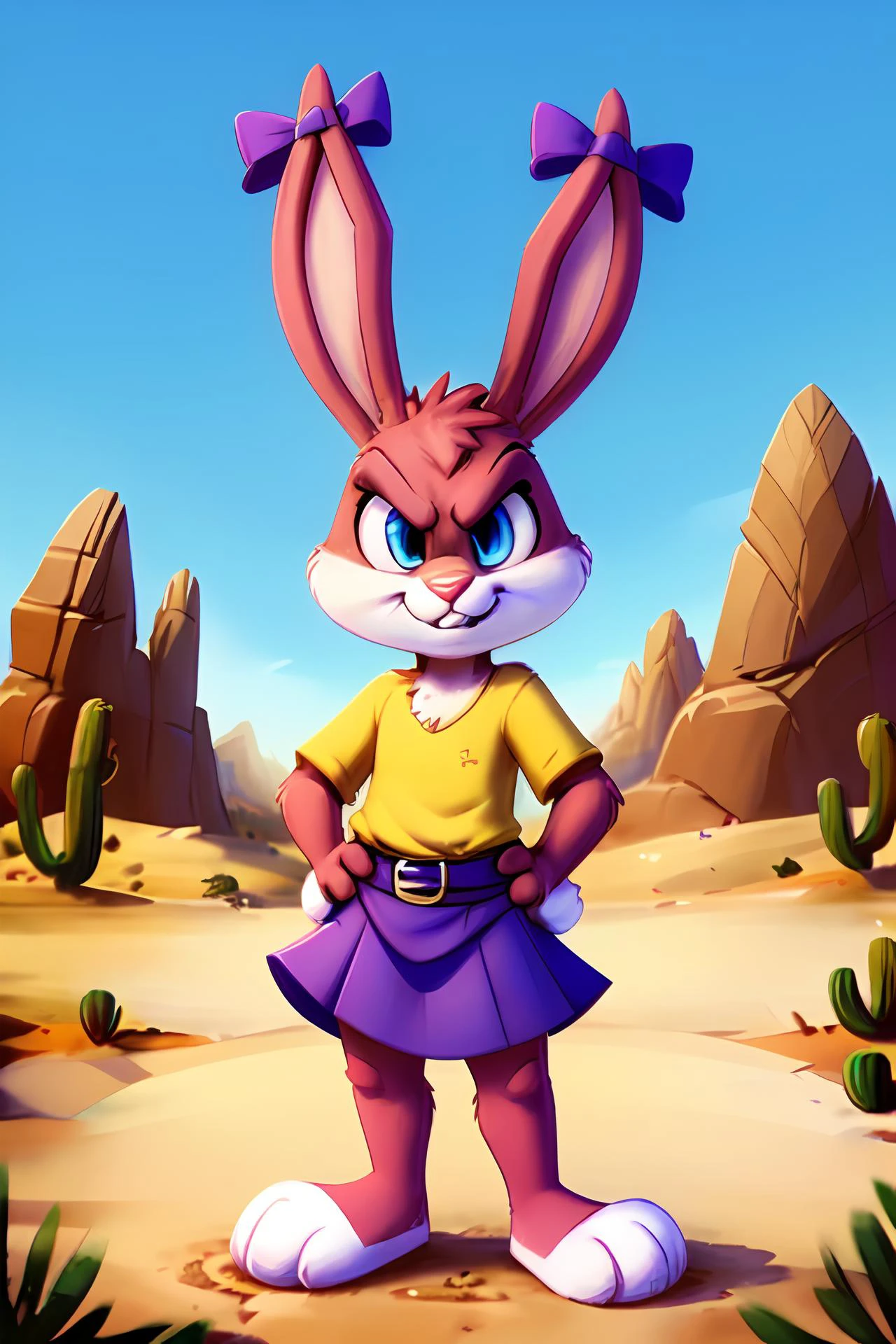 <lora:BabsBunny_2D_v3:0.8>, Babs, bunny, girl, blue eyes, rabbit teeth, pink nose, pink body, mouth closed, pink head, pink ears, pink legs, white cheeks, white feet, white tail, erect ears, yellow T-shirt, purple skirt, purple bows on the ears, standing, hands on belt, angry, young, Small body, dwarf, legs without knee, desert, sand, rocks, masterpiece, detailed, detailed background, 8k, 4k, detailed shaders