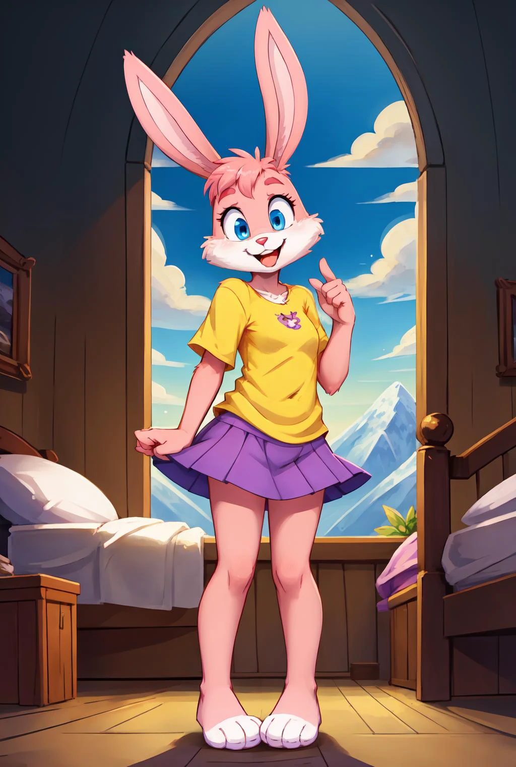Babs, perfect hourglass body, looking at viewer,
Babs, bunny, girl, blue eyes, mouth open, Pink eyelids, rabbit teeth, pink nose, pink body, pink head, pink ears, pink legs, white cheeks, white feet, white tail, erect ears, yellow T-shirt, purple skirt, purple bows on the ears;
(masterpiece:1.2), (highly detailed:1.2), (intricate:1.2), (best quality:1.2),
barren mountain, dark winter clouds, cinematic light <lora:BabsBunny_2D_v3:0.8> (AS-Adult:1.2)