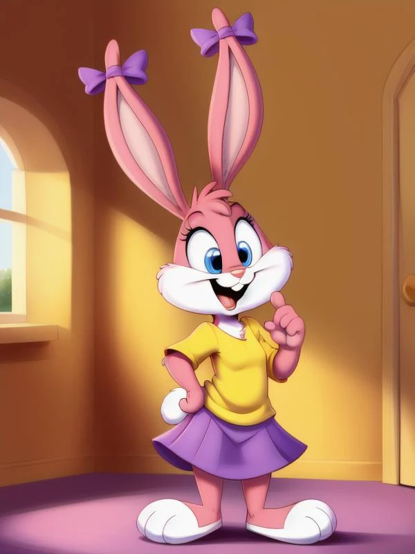 <lora:BabsBunny_2D_v3:0.8>, Babs, bunny, girl, blue eyes, mouth open, rabbit teeth, pink nose, pink body, pink head, pink ears, pink legs, white cheeks, white feet, erect ears, white tail, yellow T-shirt, purple skirt, purple bows on the ears, looks up, standing, modest, naive, young, Small body, dwarf, legs without knee
masterpiece, detailed, detailed background, 8k, 4k, detailed shaders