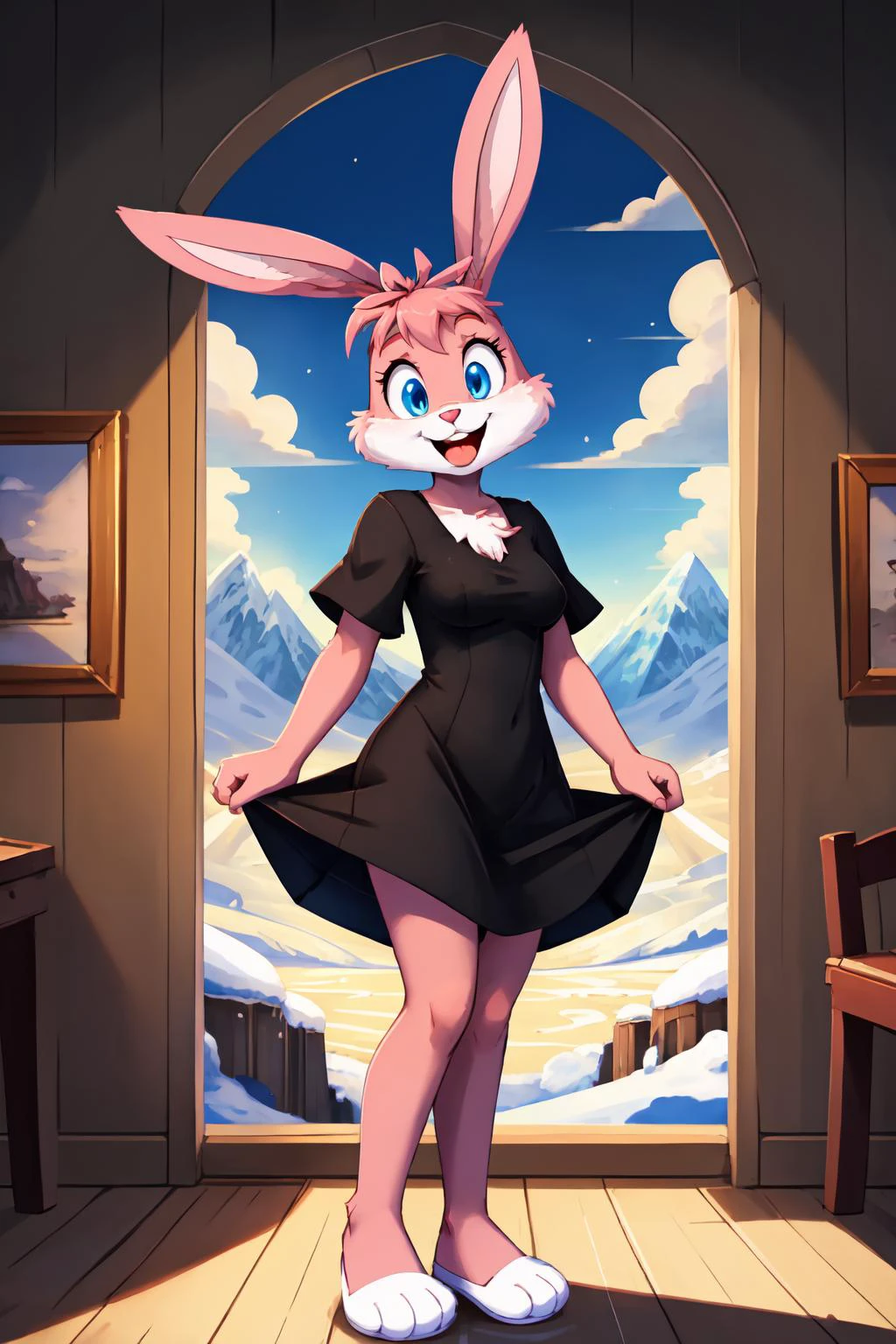 tall Babs, perfect hourglass body, looking at viewer, medium breast, (AS-Adult:1.2), milf
Babs, bunny, girl, blue eyes, mouth open, Pink eyelids, rabbit teeth, pink nose, pink body, pink head, pink ears, pink legs, white cheeks, white feet, white tail, erect ears, purple bows on the ears,
(masterpiece:1.2), (highly detailed:1.2), (intricate:1.2), (best quality:1.2),
barren mountain, dark winter clouds, cinematic light <lora:BabsBunny_2D_v3:0.8> <lora:wh1t3b0w:0.7> wh1t3b0w, black dress, white bow