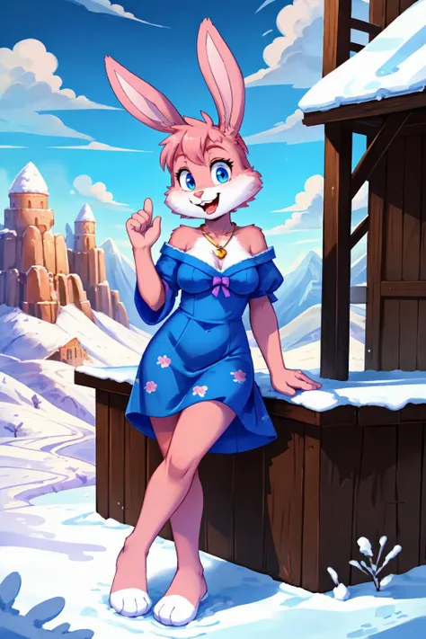 tall Babs, perfect hourglass body, looking at viewer, medium breast, (AS-Adult:1.2), milf
Babs, bunny, girl, blue eyes, mouth open, Pink eyelids, rabbit teeth, pink nose, pink body, pink head, pink ears, pink legs, white cheeks, white feet, white tail, erect ears, purple bows on the ears,
wh1t3b0w, ([gold | blue]:1.2) printed dress, white bow, gold jewelry, ruby pendant,
(masterpiece:1.2), (highly detailed:1.2), (intricate:1.2), (best quality:1.2),
barren mountain, dark winter clouds, cinematic light  <lora:BabsBunny_2D_v3:0.8> <lora:wh1t3b0w:0.7>