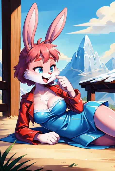 perfect hourglass body, looking at viewer, (AS-Adult:1.3), (tall:1.2), medium breast, lying, on side, seductive pose, cleavage cutout, short hair, hair braid,
Babs, bunny, girl, blue eyes, mouth open, Pink eyelids, rabbit teeth, pink nose, pink body, pink head, pink ears, pink legs, white cheeks, white feet, white tail, erect ears, closed eyes, happy,
blu3fl0r4l, (see-through:1.3), green dress, fish print, puffy long sleeves, leather belt red jacket,
(masterpiece:1.2), (best quality:1.2), (intricate:1.2), (highly detailed:1.2), (sharp:1.2), (8k:1.2),
cinematic light, vivid colors
outdoor, barren mountain, dark winter clouds, cinematic light  <lora:BabsBunny_2D_v3:0.8> <lora:blu3fl0r4l:0.7>