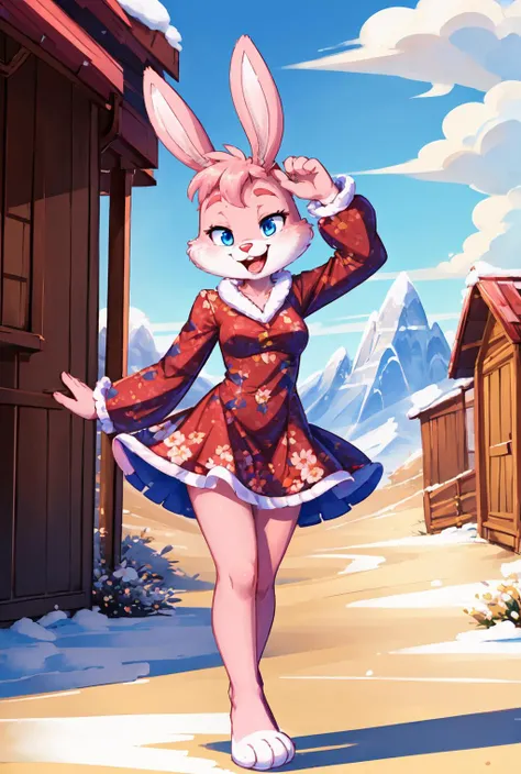 perfect hourglass body, looking at viewer, (AS-Adult:1.3), (tall:1.2), medium breast, dancing seductively,
Babs, bunny, girl, blue eyes, mouth open, Pink eyelids, rabbit teeth, pink nose, pink body, pink head, pink ears, pink legs, white cheeks, white feet, white tail, erect ears, closed eyes, happy,
blu3fl0r4l, (see-through:1.2), red  dress, floral print, puffy long sleeves,
(masterpiece:1.2), (best quality:1.2), (intricate:1.2), (highly detailed:1.2), (sharp:1.2), (8k:1.2),
cinematic light, vivid colors
outdoor, barren mountain, dark winter clouds, cinematic light  <lora:BabsBunny_2D_v3:0.8> <lora:blu3fl0r4l:0.7>