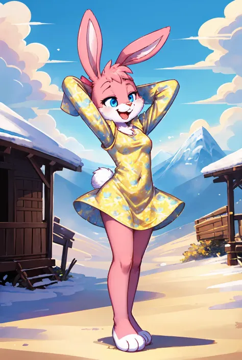 perfect hourglass body, looking at viewer, (AS-Adult:1.3), (tall:1.2), medium breast, (arms up, undressing:1.2),
Babs, bunny, girl, blue eyes, mouth open, Pink eyelids, rabbit teeth, pink nose, pink body, pink head, pink ears, pink legs, white cheeks, white feet, white tail, erect ears, closed eyes, happy,
blu3fl0r4l, (see-through:1.2), yellow  dress, fish print, puffy long sleeves,
(masterpiece:1.2), (best quality:1.2), (intricate:1.2), (highly detailed:1.2), (sharp:1.2), (8k:1.2),
cinematic light, vivid colors
outdoor, barren mountain, dark winter clouds, cinematic light  <lora:BabsBunny_2D_v3:0.8> <lora:blu3fl0r4l:0.7>