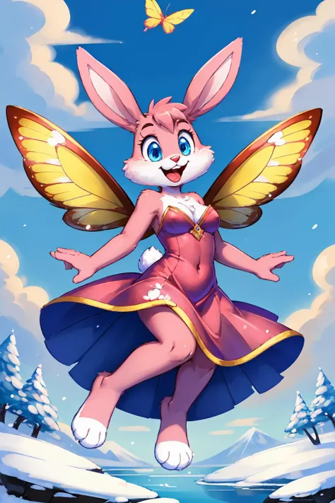 perfect hourglass body, looking at viewer, (AS-Adult:1.3), tall, medium breast,
Babs, bunny, girl, blue eyes, mouth open, Pink eyelids, rabbit teeth, pink nose, pink body, pink head, pink ears, pink legs, white cheeks, white feet, white tail, erect ears, (floating, jumping from below:1.2), happy, nude
(masterpiece:1.2), (best quality:1.2), (intricate:1.2), (highly detailed:1.2), (sharp:1.2), (8k:1.2),
cinematic light, vivid colors
barren mountain, dark winter clouds, cinematic light <lora:BabsBunny_2D_v3:0.8> <lora:f41rydr3ss:0.7> f41rydr3ss, see-through red sparkling dress, big colorful butterfly wings