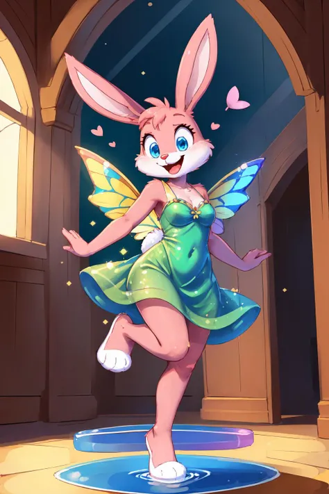 perfect hourglass body, looking at viewer, milf, (AS-Adult:1.3), tall, medium breast, looking at viewer, (floating, jumping, from below:1.3), (dancing:1.3),
Babs, bunny, girl, blue eyes, mouth open, Pink eyelids, rabbit teeth, pink nose, pink body, pink head, pink ears, pink legs, white cheeks, white feet, white tail, erect ears, happy, (flying hearts:1.2),
(masterpiece:1.2), (best quality:1.2), (intricate:1.2), (highly detailed:1.2), (sharp:1.2), (8k:1.2),
cinematic light, vivid colors
temperate glade, summer sky, cinematic light <lora:BabsBunny_2D_v3:0.8> <lora:f41rydr3ss:0.7> f41rydr3ss, (see-through green sparkling dress:1.3), (big colorful see-through butterfly wings)