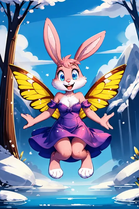 perfect hourglass body, looking at viewer, (AS-Adult:1.3), tall, medium breast,
Babs, bunny, girl, blue eyes, mouth open, Pink eyelids, rabbit teeth, pink nose, pink body, pink head, pink ears, pink legs, white cheeks, white feet, white tail, erect ears, (floating, jumping from below:1.2), happy,
(masterpiece:1.2), (best quality:1.2), (intricate:1.2), (highly detailed:1.2), (sharp:1.2), (8k:1.2),
cinematic light, vivid colors
barren mountain, dark winter clouds, cinematic light <lora:BabsBunny_2D_v3:0.8> <lora:f41rydr3ss:0.7> f41rydr3ss,see-through, red sparkling dress, big colorful butterfly wings