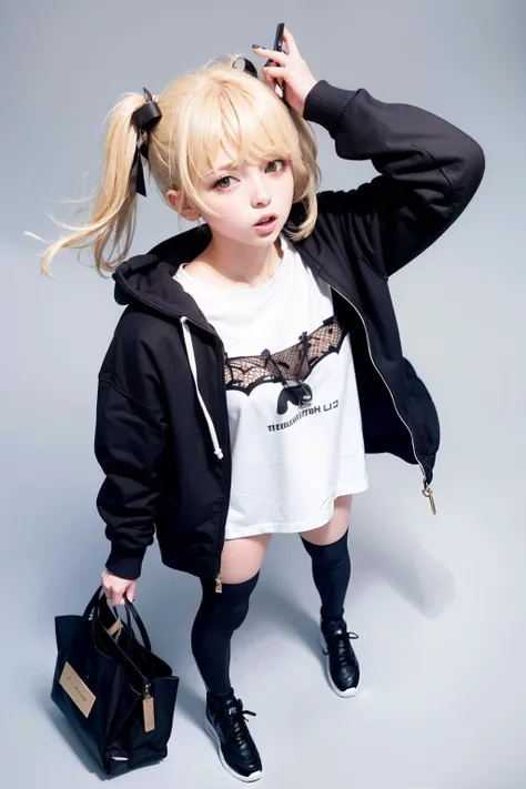 A girl chibi loli, with impressive blonde hair、hair ornaments、short bob、black pantyhose、No sleeve、hot pants、smile、Cute shoes with accessories、red hair band、dynamic pose