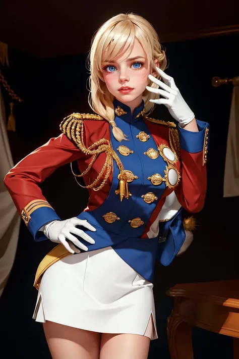 professional photo of rodney, blonde hair, hair over shoulder, blush, skirt, gloves, white gloves, epaulettes, aiguillette, white skirt, jacket, long sleeves, looking at viewer, uniform, , military uniform, miniskirt, military, bangs, red jacket, standing,
detailed skin, detailed eyes,
photo made with Canon EOS in naturalistic style photography,
popular on artstation, popular on deviantart, popular on flicker,
<lora:rodney:1:MIDD>