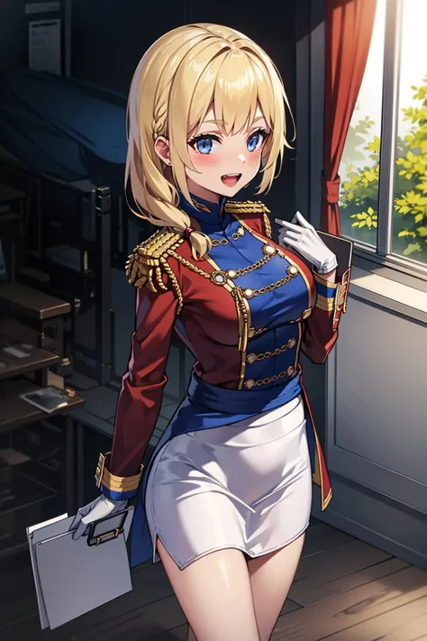 masterpiece, best quality,detailed 4K wallpaper,novel illustration, 1girl, solo, rodney, <lora:rodney:0.8>,blonde hair, hair over shoulder,blush,skirt, gloves, holding, white gloves, epaulettes, aiguillette, smile, white skirt, clipboard, jacket, long sleeves, looking at viewer, uniform, , military uniform, sash, :d, holding clipboard, miniskirt, military, bangs, red jacket, medium breastshair, teeth,standing,