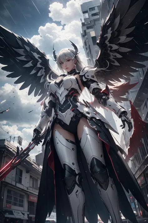 fantasy, 1angel_girl,(young_teen:1.5), ,brown_hair, medium_bob_hair, long_bangs, halo,bare_shoulder,thighhighs,silver_armor, waist_armor, large_breasts,1pair_wings, dynamic_pose_fighting,floating, bare_crotch, headgear,gauntlet, greaves,city_landscape_background,slightly_spread_legs, solo, groin_naked,smile