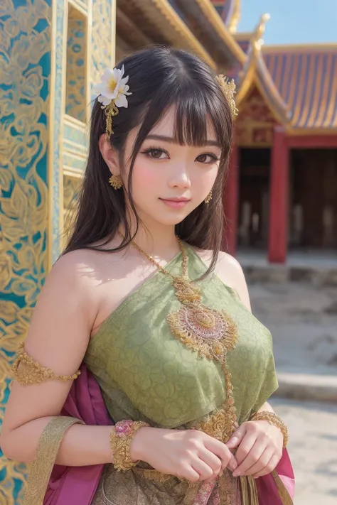1girl,Thai temple,thaidress,detailed background,gorgeous, (zentangle:1.2),(fractal art:1.2),bangs,shiny oild skin, Thai background,outdoor,temple in Thailand,
  <lora:5_ThaiDressX1:0.7> <lora:erika:0.3>