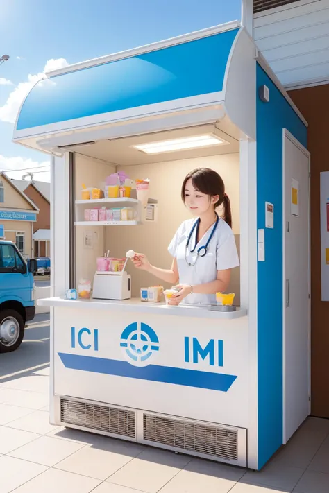 1girl, [The Atlantic Ocean:Medical clinic:4] from inside of an ice cream stand, it is very Winged and Good