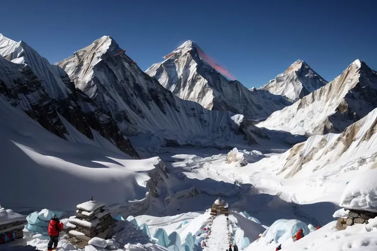 8k, best quality, real picture, intricate details, ultra-detailed, ultra highres, depth field,(photorealistic,realistic:1.2),masterpiece, <lora:add_detail:1>,
0.35 :: medium shot , angled shot from the side , from miiddle ,
twilight ,
( Snowy Peaks: Conquer the challenging trails of Mount Everest Base Camp in Nepal, as you immerse yourself in the breathtaking Himalayan scenery :1.3),