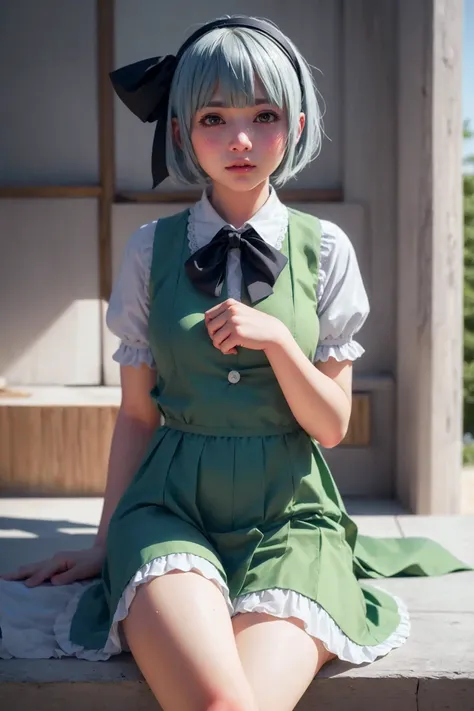 (Youmu Konpaku:1.3) cosplay, green dress, grey hair, white blouse, black bow
8k, real picture, intricate details, ultra-detailed,(photorealistic), soft light
 <lora:Squeezer2:0.4>
