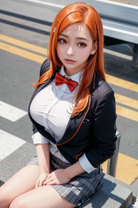 8k, best quality, real picture, intricate details, ultra-detailed, ultra highres, depth field,(photorealistic,realistic:1.2),masterpiece, <lora:add_detail:0.5>,
0.35 :: medium shot , straight-on shot , from above ,
1girl, Orihimesomakj, <lora:Orihime:0.775>,  an extremely beautiful 17-year-old girl, orange hair, long hair, black eyes, perfect shiny skin, flawless skin, fair skin, cleavage, light blush, solo, looking at viewer, light smile,
sweat,
Orihimesomakj,skirt, orange hair, shirt, long sleeves, school uniform, jacket, white shirt,collared shirt, bowtie, red bow,blazer, red bowtie, grey jacket :1.1, 
(0.1 :: sitting :1.1),
twilight ,
at train station in Japan ,