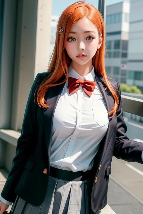 8k, best quality, real picture, intricate details, ultra-detailed, ultra highres, depth field,(photorealistic,realistic:1.2),masterpiece, <lora:add_detail:0.5>,
0.4 :: (full-body shot:1.2) , angled shot from the side , dynamic angle ,
1girl, Orihimesomakj, <lora:Orihime:0.75>, an extremely beautiful 17-year-old girl, orange hair, long hair, black eyes, perfect shiny skin, flawless skin, fair skin, cleavage, light blush, solo, looking at viewer,
sweat,
Orihimesomakj,skirt, orange hair, shirt, long sleeves, school uniform, jacket, white shirt,collared shirt, bowtie, red bow,blazer, red bowtie, grey jacket :1.1,
gravure pose ,
at night, night illumination ,
at high school in Japan ,