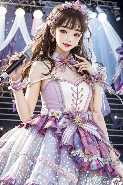 best quality, masterpiece,(Depth of field:1.5),
realistic, photorealistic, masterpiece, best quality, 1girl, solo, in stage, stage lighting, stage spotlight, looking at viewer, smile, idol_singing_costume, (pureerosface_v1:0.8), 
 <lora:idolSingingCostume_v11:0.7> <lora:kanna_lora-05:0.1>