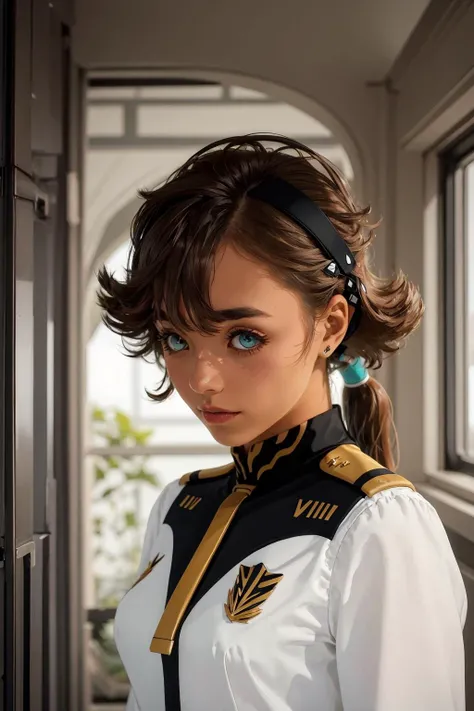 best quality, masterpiece,(Depth of field:1.5),(realistic, photo-realistic:1.37),(detailed beautiful girl:1.4),
sulelo 1girl 5years old,(turquoise eyes:1.2),(round_eyes),(darkbrown thick eyebrows),rounded eyelashes, breasts,skindantation,ahoge, hairline,(half slicked back hairstyle),(hair pulled back),asymmetrical bangs,darkbrown hair,short hair,big hair messy hair,fripped hair, shaggy hair,hairy hair,(low ponytail square knot),tan skin, (white uniform:1.5), 
Faint lips,cute anime face,cinematic lighting,cinematic angle ,Girl at the front,dynamic pose,upperbody,
inside a space colony,plant,
 <lora:suletta-mercury-v1:0.95> <lora:kanna_lora-05:0.1>  <lora:[LoHa] Pastlight:0.8>