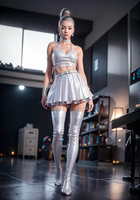 masterpiece, best quality, beautiful lighting,(realistic, photo-realistic:1.2),(Depth of field:1.3),(photorealistic,realistic:1.2), blurry podium background, 1girl standing on one foot, <lora:ariana_fortnite_2.5:0.7>